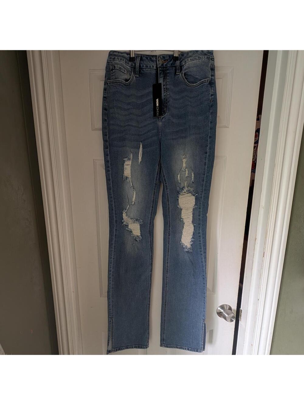NWT Fashion Nova Light Blue Distressed Straight Leg Jeans Size 13
